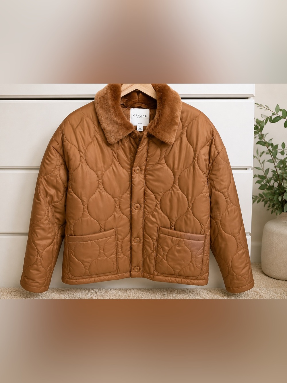 OFFLINE Quilted Faux-Fur Collar Jacket in Camel Brown